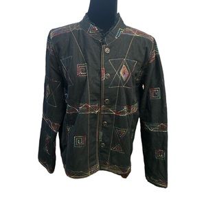 Christopher & Banks Black Jacket W/Multi-Color Stitches & Geometric Pattern EUC